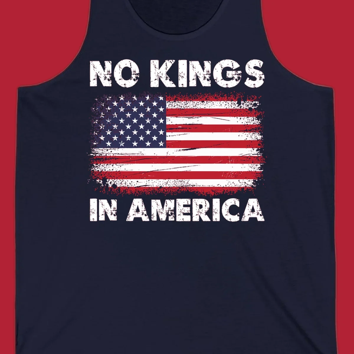 A distressed American flag with the white text 'NO KINGS IN AMERICA' above and below it.
