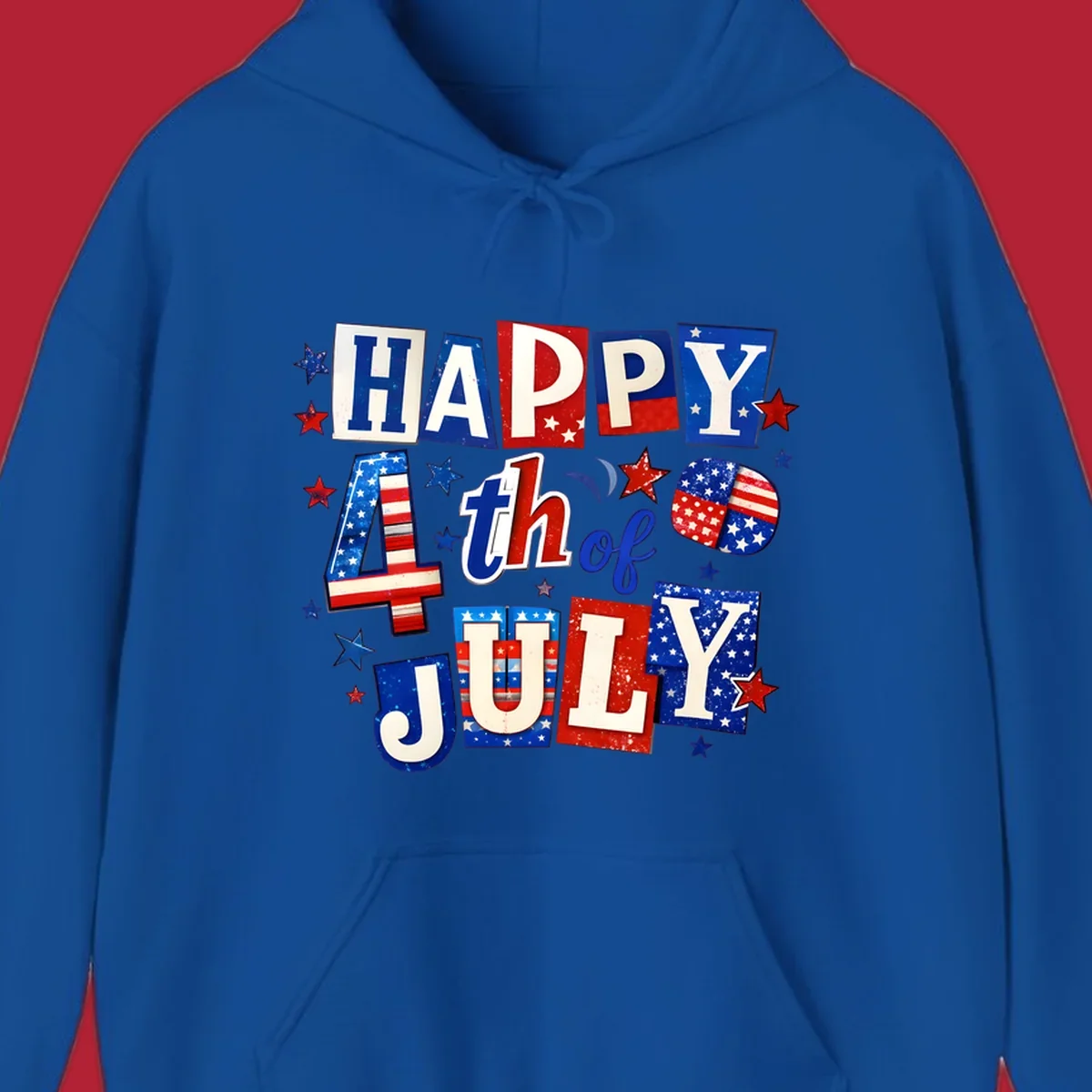 A patriotic design reading 'HAPPY 4th of JULY' in distressed, cut-out red, white, and blue letters with stars and flag patterns, ideal for happy-fourth-july-patriotic celebrations.