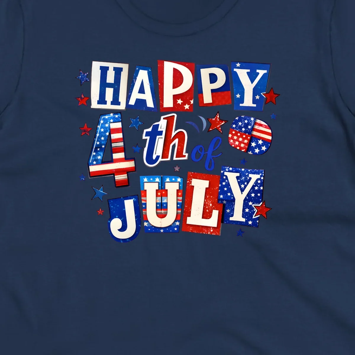 A patriotic design reading 'HAPPY 4th of JULY' in distressed, cut-out red, white, and blue letters with stars and flag patterns, ideal for happy-fourth-july-patriotic celebrations.