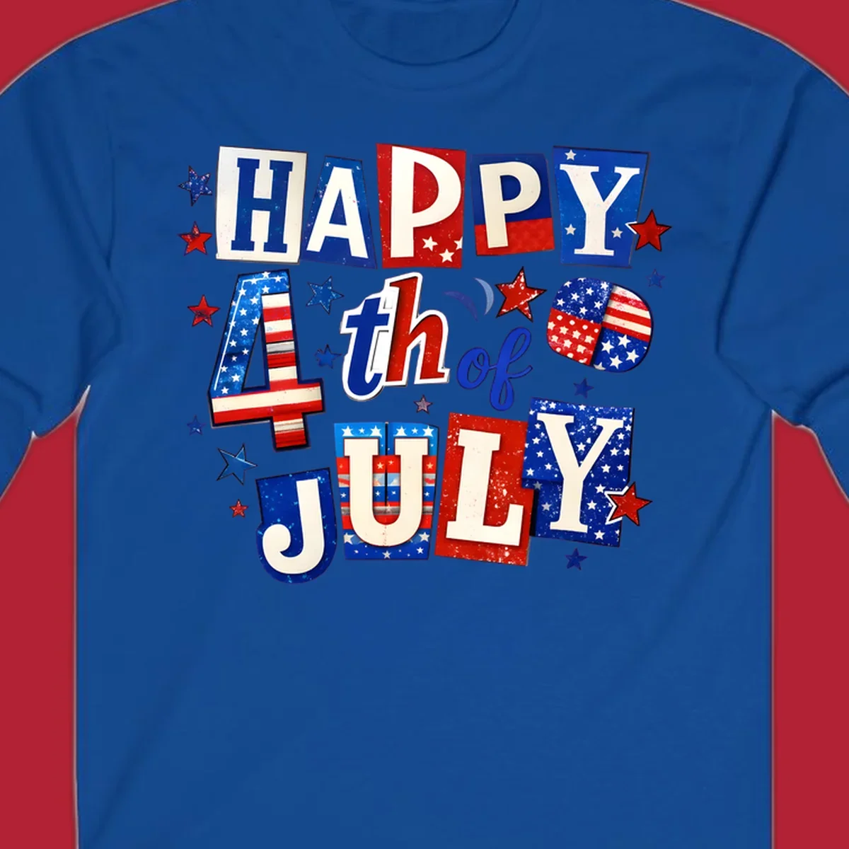 A patriotic design reading 'HAPPY 4th of JULY' in distressed, cut-out red, white, and blue letters with stars and flag patterns, ideal for happy-fourth-july-patriotic celebrations.