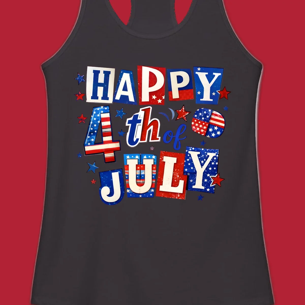 A patriotic design reading 'HAPPY 4th of JULY' in distressed, cut-out red, white, and blue letters with stars and flag patterns, ideal for happy-fourth-july-patriotic celebrations.