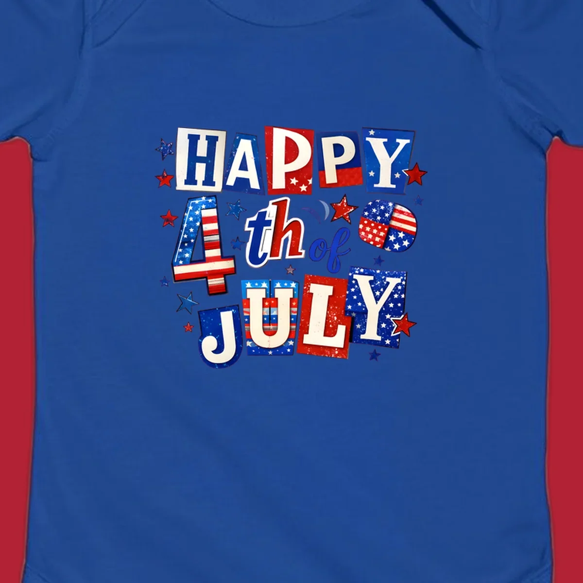 A patriotic design reading 'HAPPY 4th of JULY' in distressed, cut-out red, white, and blue letters with stars and flag patterns, ideal for happy-fourth-july-patriotic celebrations.