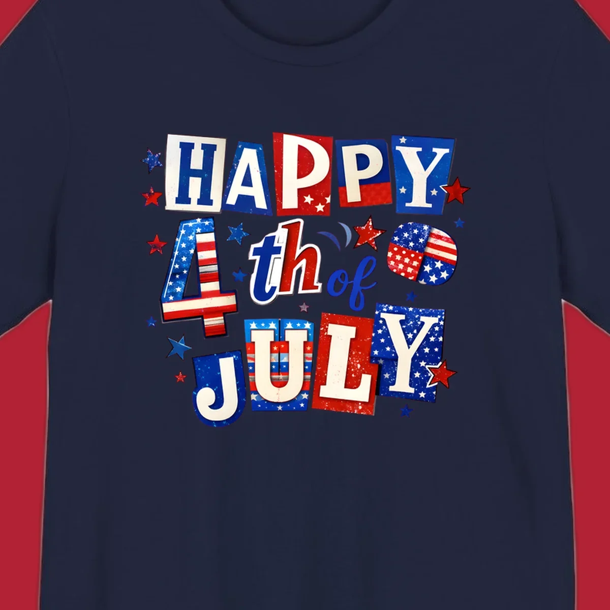 A patriotic design reading 'HAPPY 4th of JULY' in distressed, cut-out red, white, and blue letters with stars and flag patterns, ideal for happy-fourth-july-patriotic celebrations.