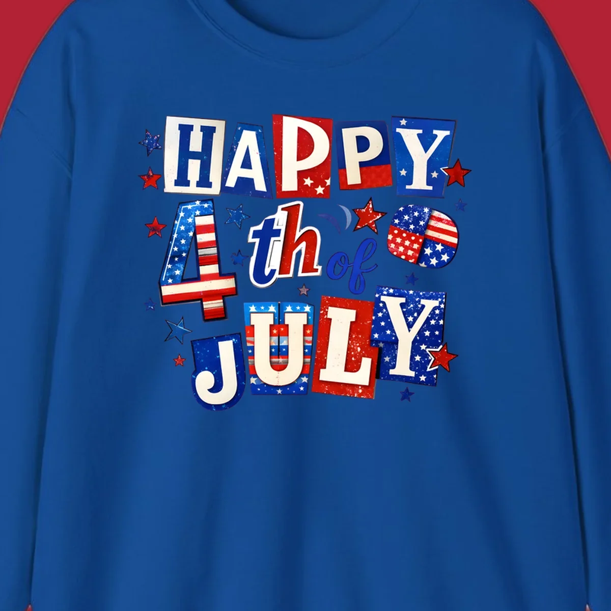 A patriotic design reading 'HAPPY 4th of JULY' in distressed, cut-out red, white, and blue letters with stars and flag patterns, ideal for happy-fourth-july-patriotic celebrations.