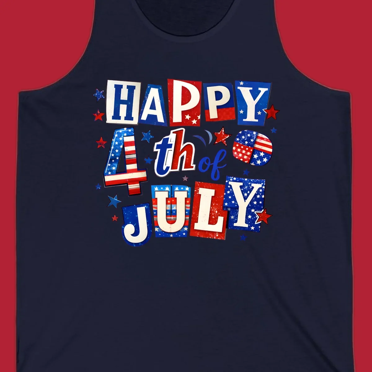 A patriotic design reading 'HAPPY 4th of JULY' in distressed, cut-out red, white, and blue letters with stars and flag patterns, ideal for happy-fourth-july-patriotic celebrations.