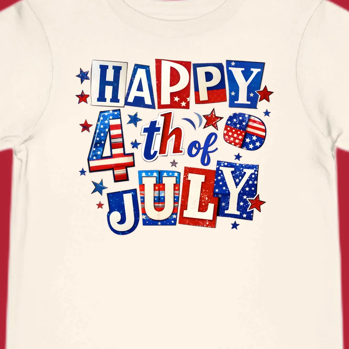 A patriotic design reading 'HAPPY 4th of JULY' in distressed, cut-out red, white, and blue letters with stars and flag patterns, ideal for happy-fourth-july-patriotic celebrations.