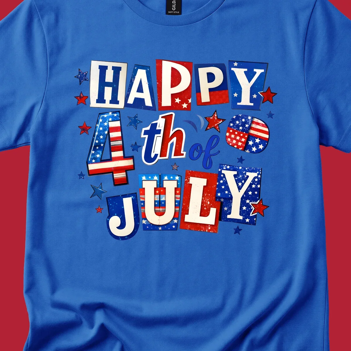 A patriotic design reading 'HAPPY 4th of JULY' in distressed, cut-out red, white, and blue letters with stars and flag patterns, ideal for happy-fourth-july-patriotic celebrations.
