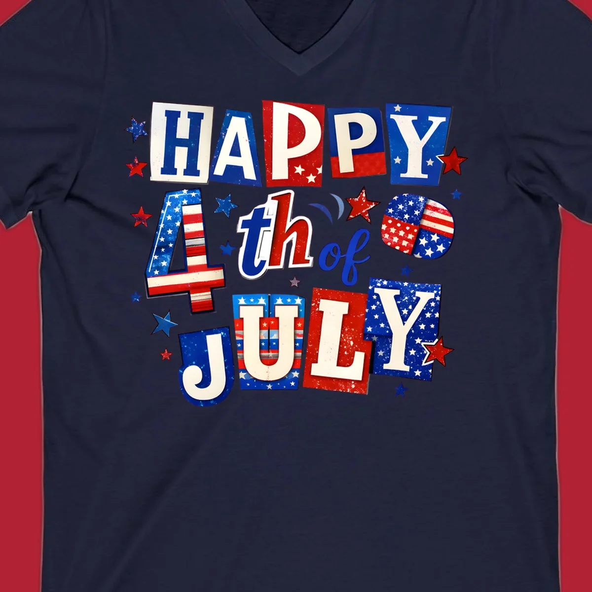 A patriotic design reading 'HAPPY 4th of JULY' in distressed, cut-out red, white, and blue letters with stars and flag patterns, ideal for happy-fourth-july-patriotic celebrations.