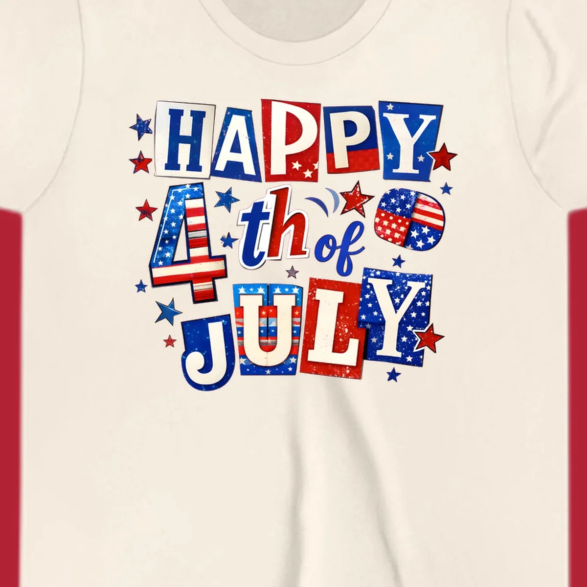 A patriotic design reading 'HAPPY 4th of JULY' in distressed, cut-out red, white, and blue letters with stars and flag patterns, ideal for happy-fourth-july-patriotic celebrations.