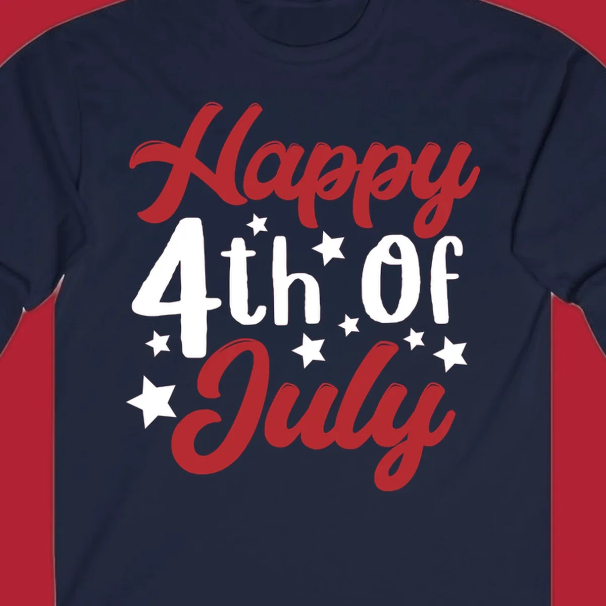 Happy 4th Of July stars design with red, white, and blue text and stars, perfect for patriotic celebrations.