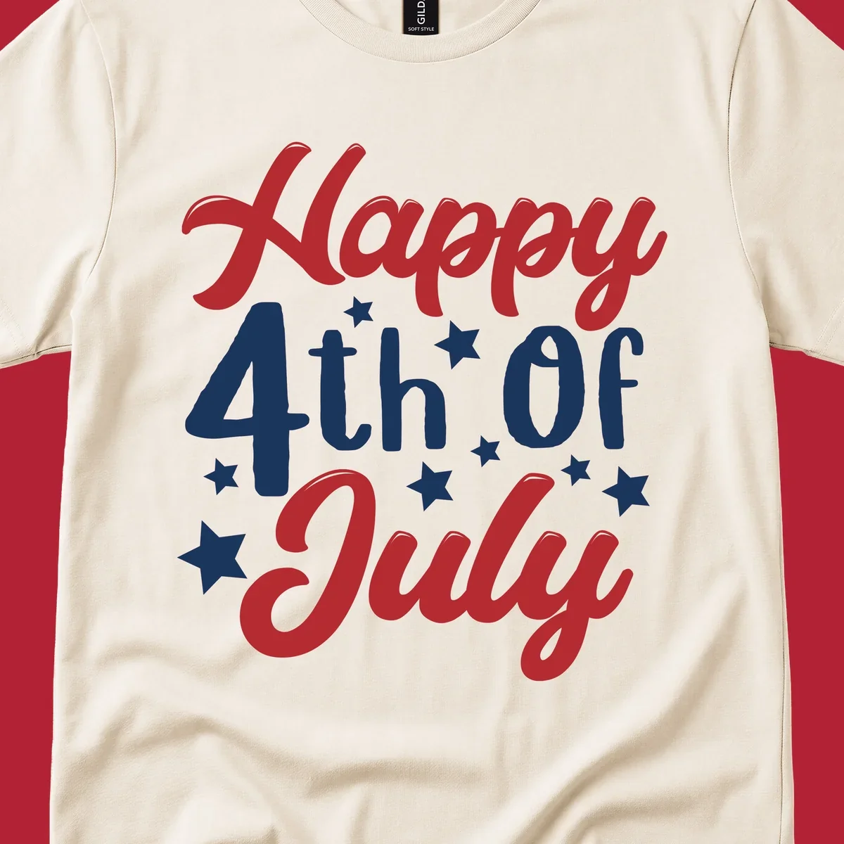 Happy 4th Of July stars design with red, white, and blue text and stars, perfect for patriotic celebrations.