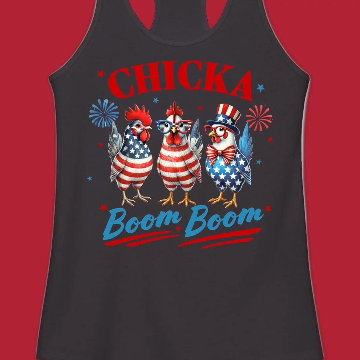 Three patriotic chickens in American flag patterns with fireworks and stars, text reads 'Chicka Boom Boom'. Features the chicka-boom-boom-patriotic-chickens concept.