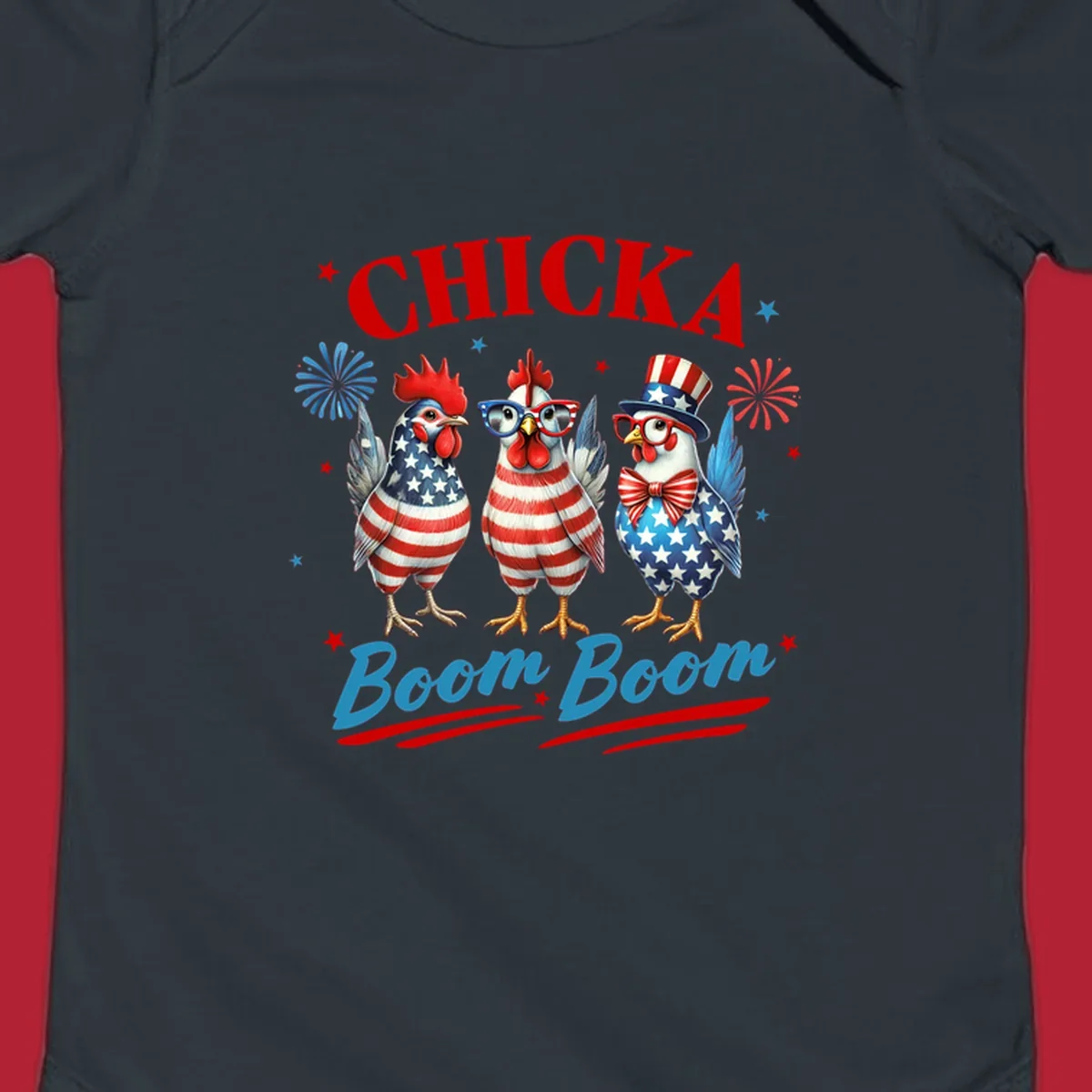 Three patriotic chickens in American flag patterns with fireworks and stars, text reads 'Chicka Boom Boom'. Features the chicka-boom-boom-patriotic-chickens concept.