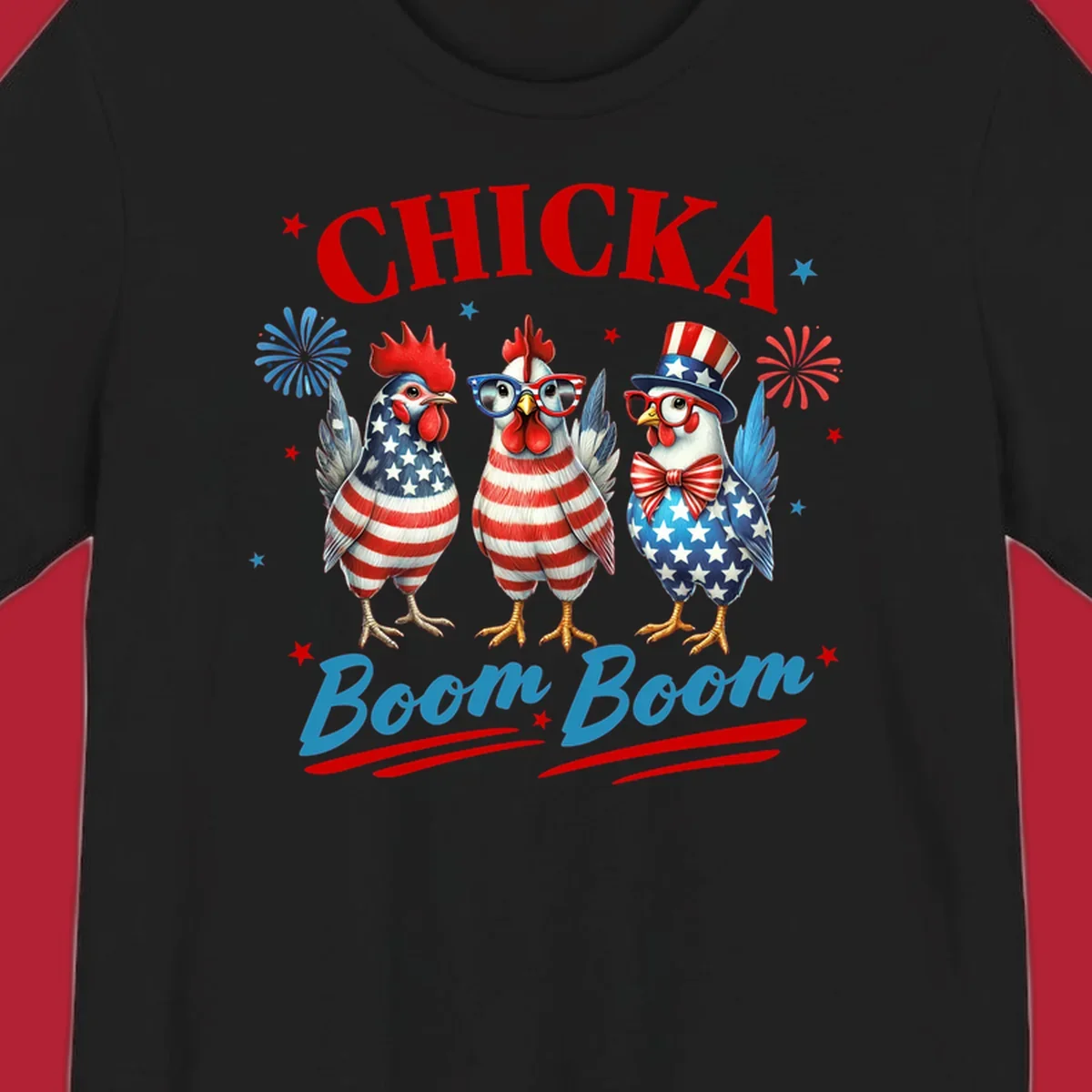 Three patriotic chickens in American flag patterns with fireworks and stars, text reads 'Chicka Boom Boom'. Features the chicka-boom-boom-patriotic-chickens concept.
