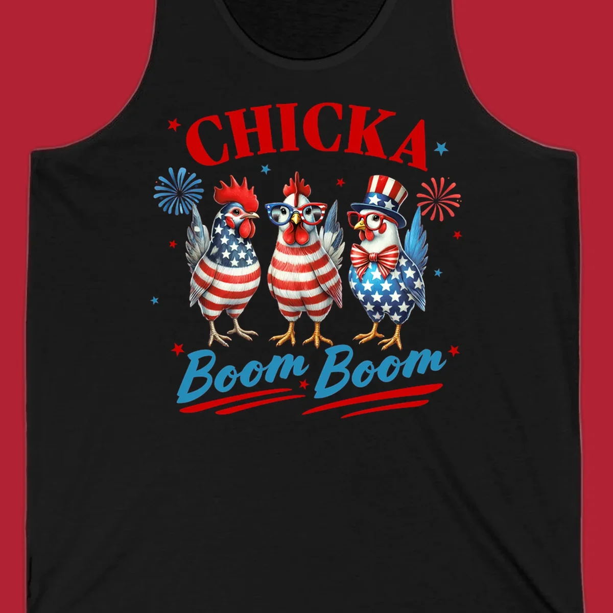 Three patriotic chickens in American flag patterns with fireworks and stars, text reads 'Chicka Boom Boom'. Features the chicka-boom-boom-patriotic-chickens concept.