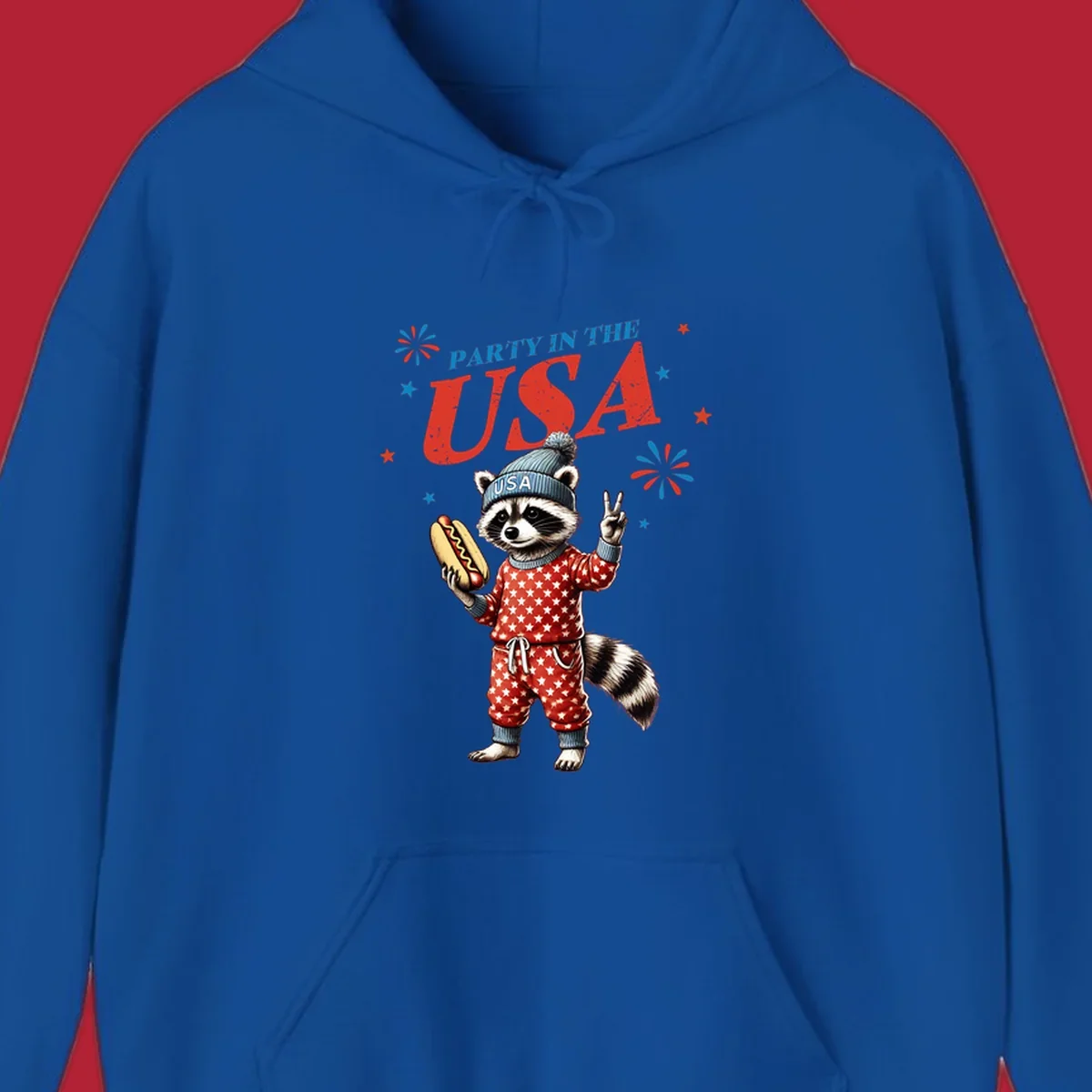 A cartoon raccoon wearing a USA beanie and star-patterned pajamas, holding a hotdog and making a peace sign, with 'PARTY IN THE USA' text and fireworks.