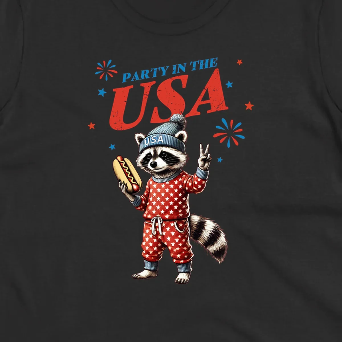 A cartoon raccoon wearing a USA beanie and star-patterned pajamas, holding a hotdog and making a peace sign, with 'PARTY IN THE USA' text and fireworks.