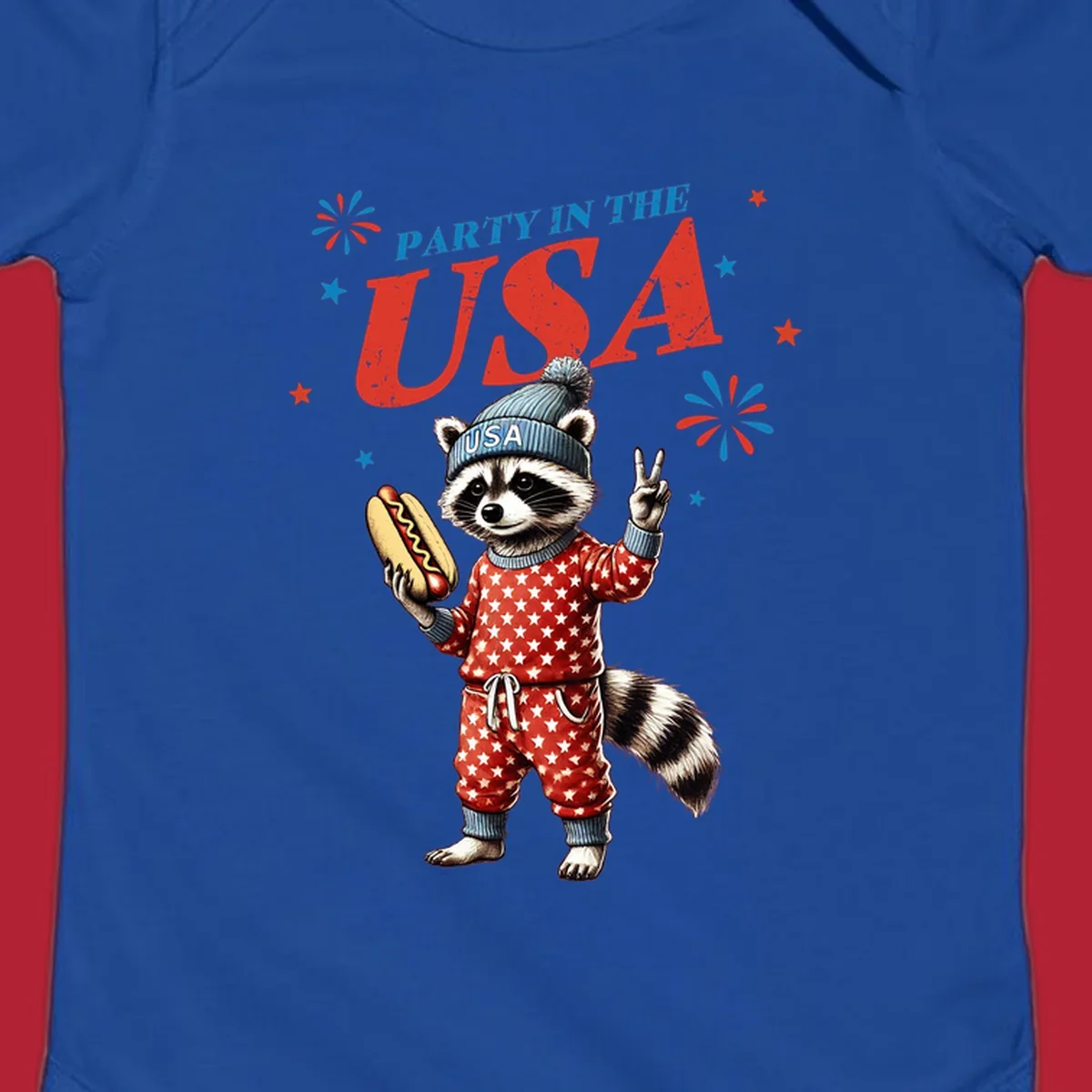 A cartoon raccoon wearing a USA beanie and star-patterned pajamas, holding a hotdog and making a peace sign, with 'PARTY IN THE USA' text and fireworks.