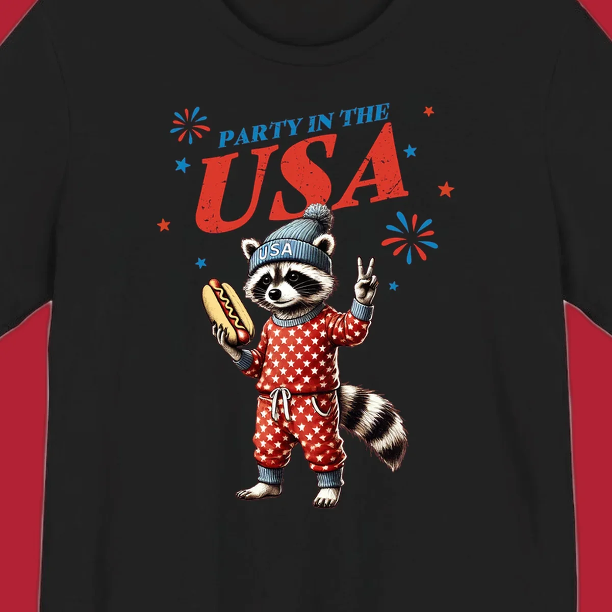 A cartoon raccoon wearing a USA beanie and star-patterned pajamas, holding a hotdog and making a peace sign, with 'PARTY IN THE USA' text and fireworks.