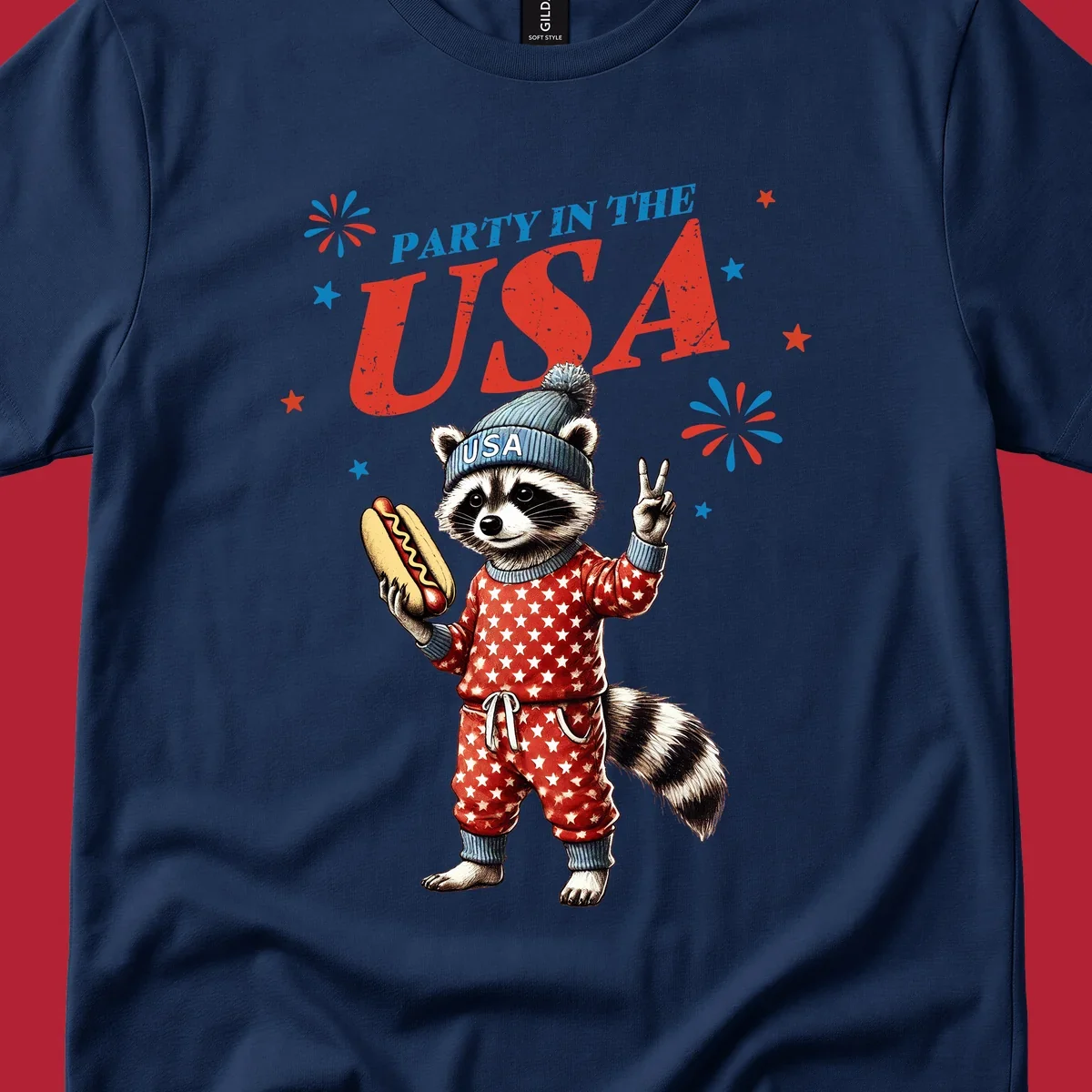 A cartoon raccoon wearing a USA beanie and star-patterned pajamas, holding a hotdog and making a peace sign, with 'PARTY IN THE USA' text and fireworks.