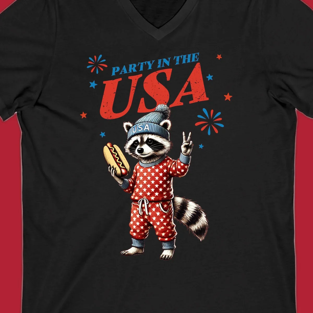 A cartoon raccoon wearing a USA beanie and star-patterned pajamas, holding a hotdog and making a peace sign, with 'PARTY IN THE USA' text and fireworks.