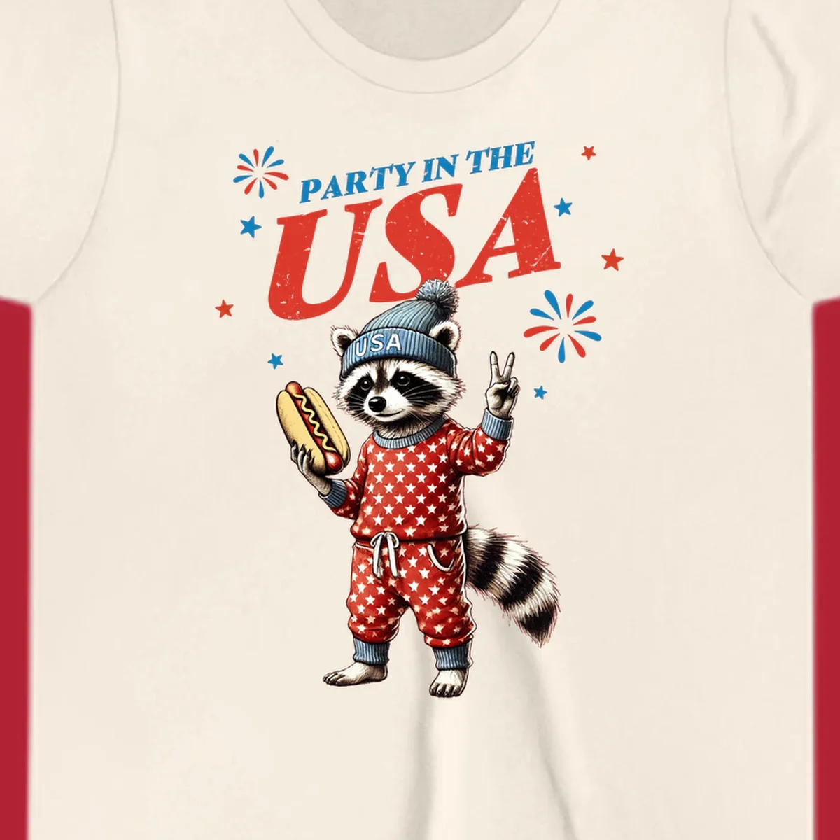 A cartoon raccoon wearing a USA beanie and star-patterned pajamas, holding a hotdog and making a peace sign, with 'PARTY IN THE USA' text and fireworks.