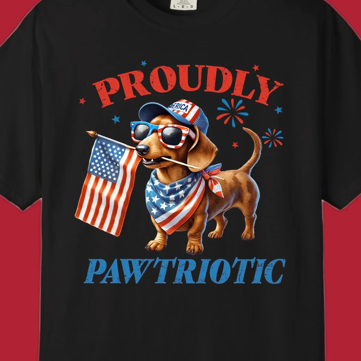 Proudly Pawtriotic Dachshund dog wearing sunglasses and a 'MERICA hat, holding an American flag.