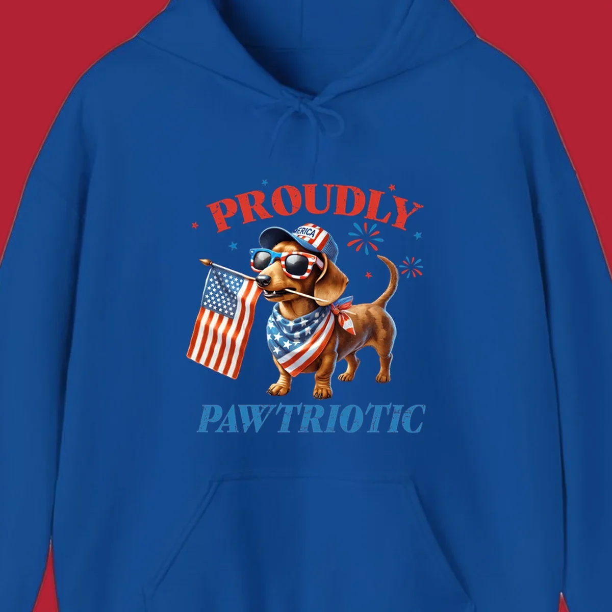 Proudly Pawtriotic Dachshund dog wearing sunglasses and a 'MERICA hat, holding an American flag.