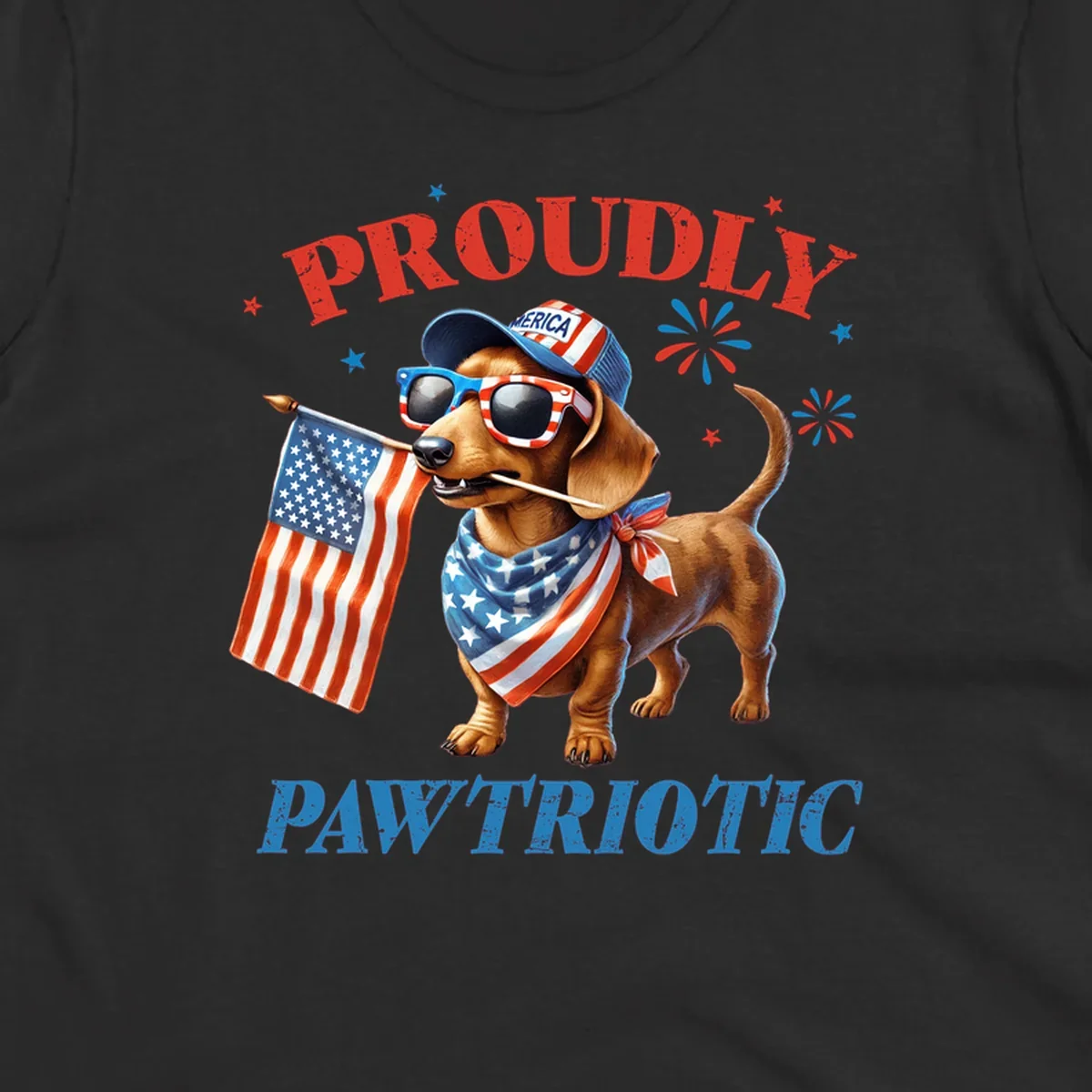 Proudly Pawtriotic Dachshund dog wearing sunglasses and a 'MERICA hat, holding an American flag.
