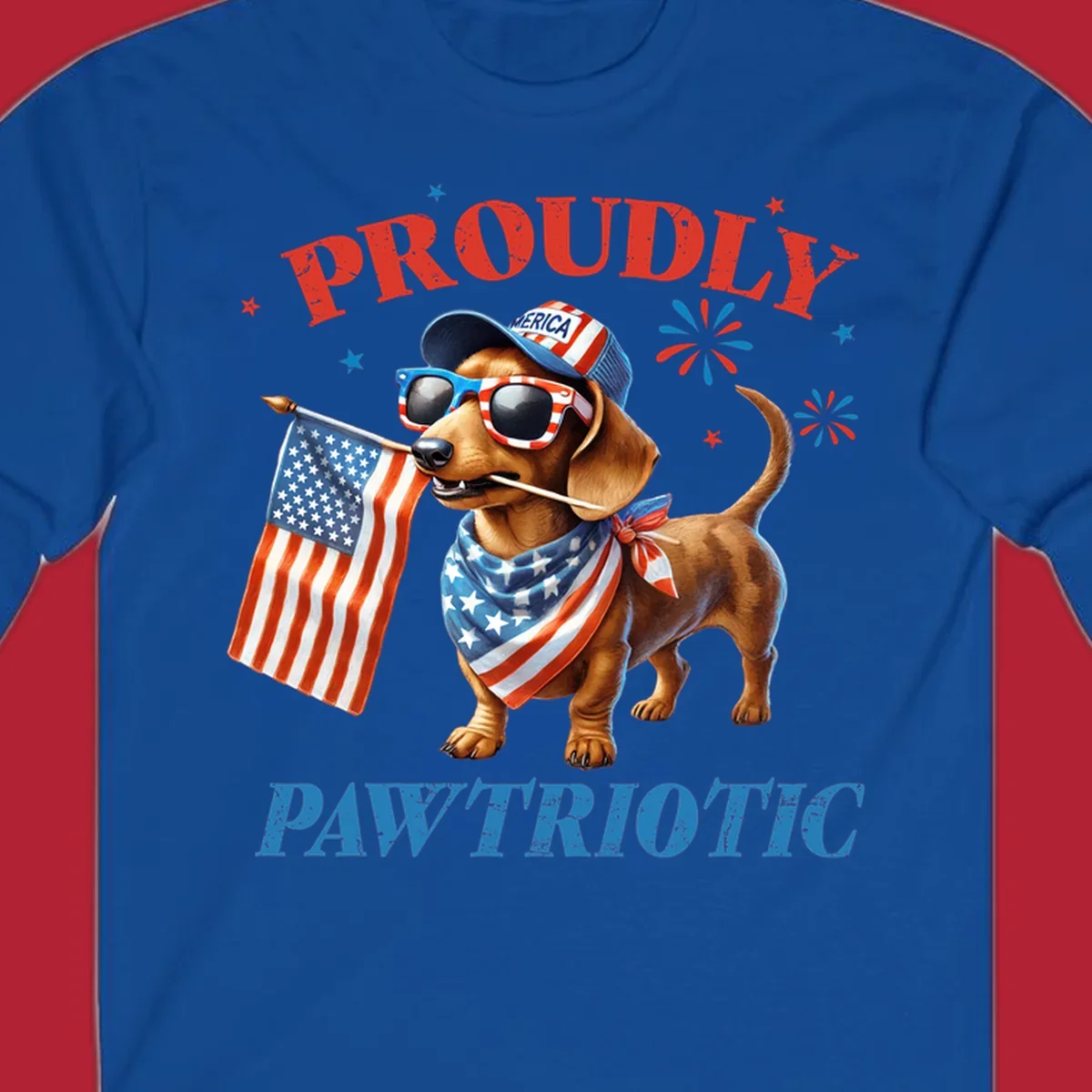 Proudly Pawtriotic Dachshund dog wearing sunglasses and a 'MERICA hat, holding an American flag.
