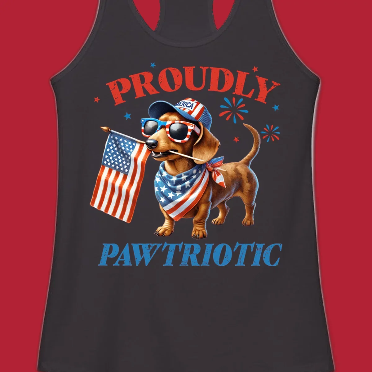Proudly Pawtriotic Dachshund dog wearing sunglasses and a 'MERICA hat, holding an American flag.
