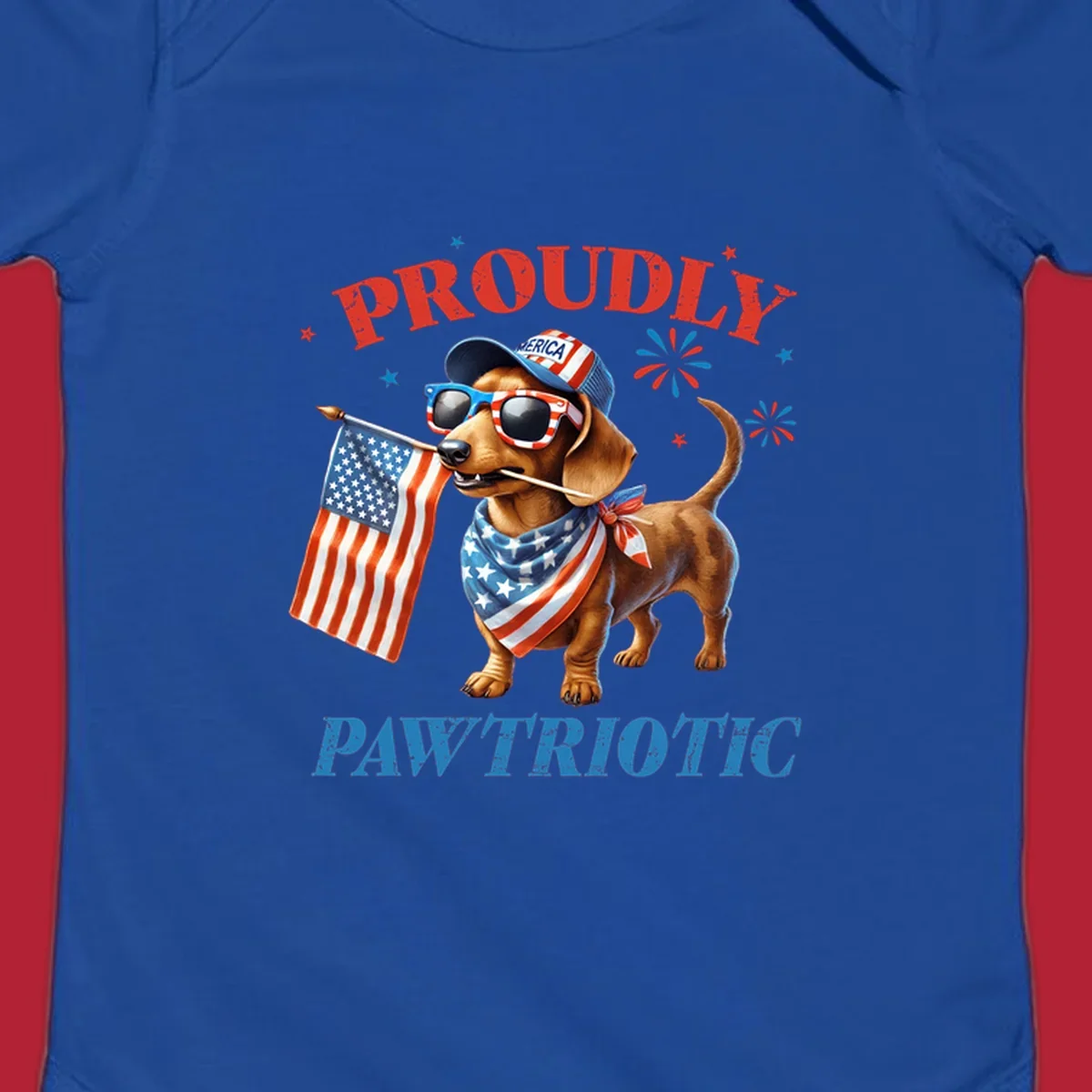 Proudly Pawtriotic Dachshund dog wearing sunglasses and a 'MERICA hat, holding an American flag.
