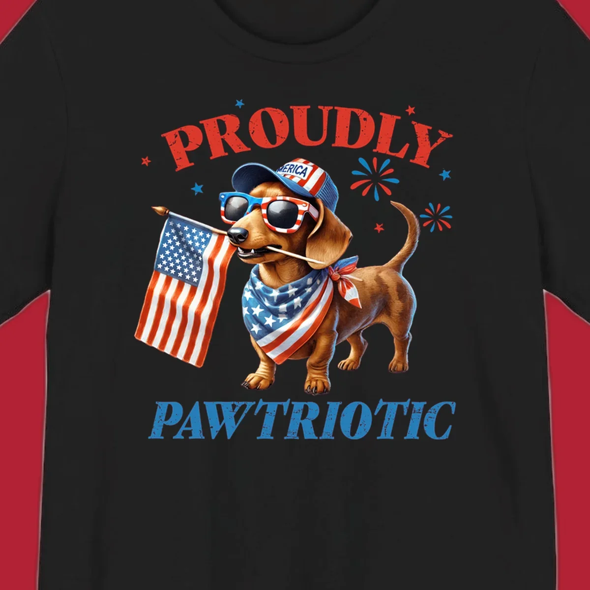 Proudly Pawtriotic Dachshund dog wearing sunglasses and a 'MERICA hat, holding an American flag.