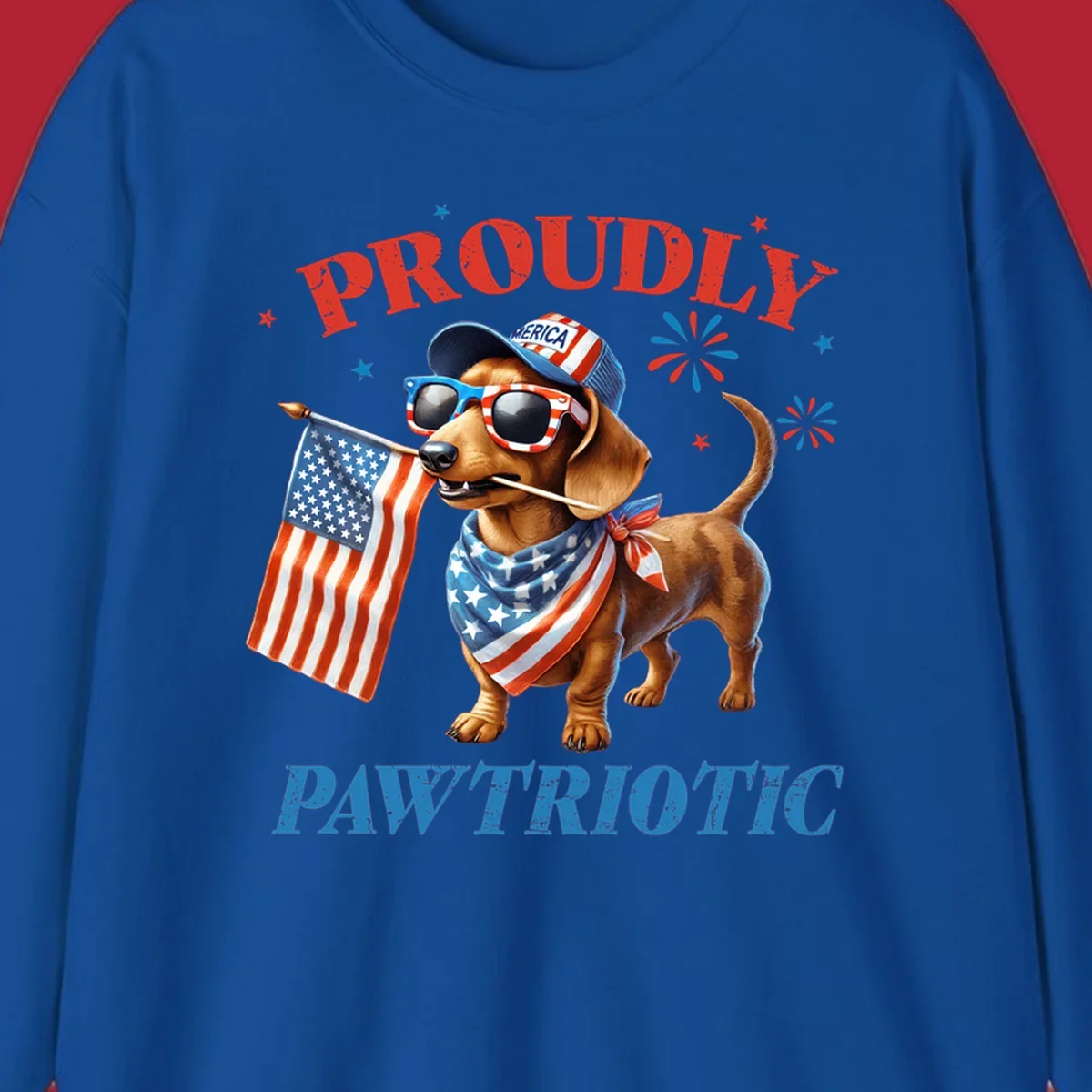 Proudly Pawtriotic Dachshund dog wearing sunglasses and a 'MERICA hat, holding an American flag.