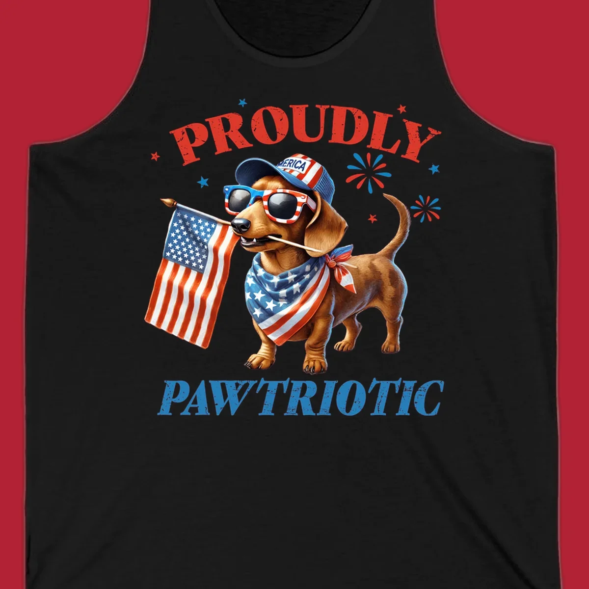 Proudly Pawtriotic Dachshund dog wearing sunglasses and a 'MERICA hat, holding an American flag.