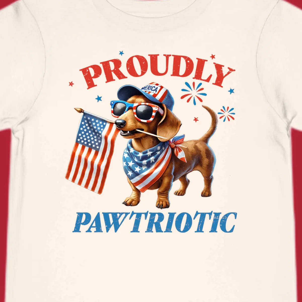 Proudly Pawtriotic Dachshund dog wearing sunglasses and a 'MERICA hat, holding an American flag.