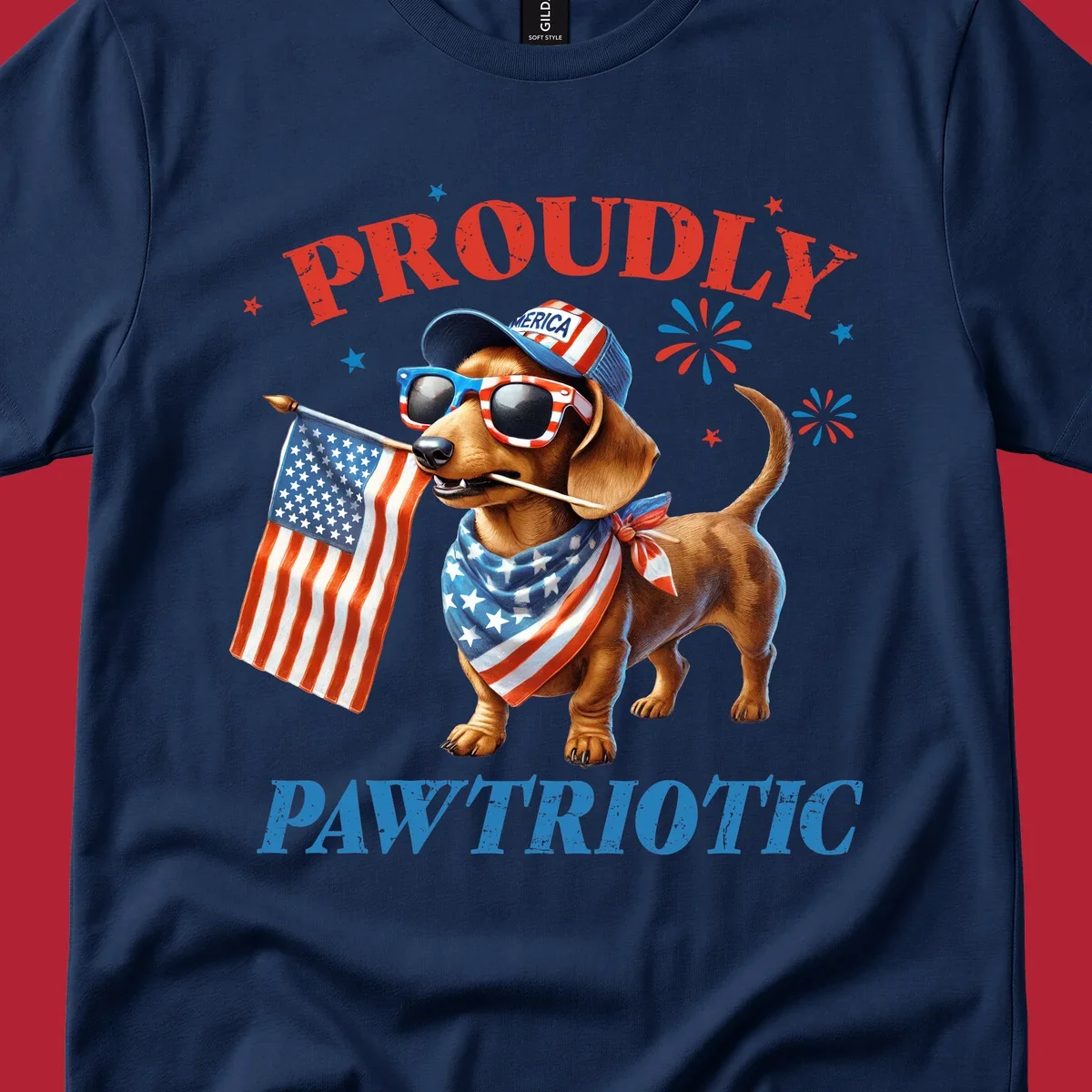 Proudly Pawtriotic Dachshund dog wearing sunglasses and a 'MERICA hat, holding an American flag.