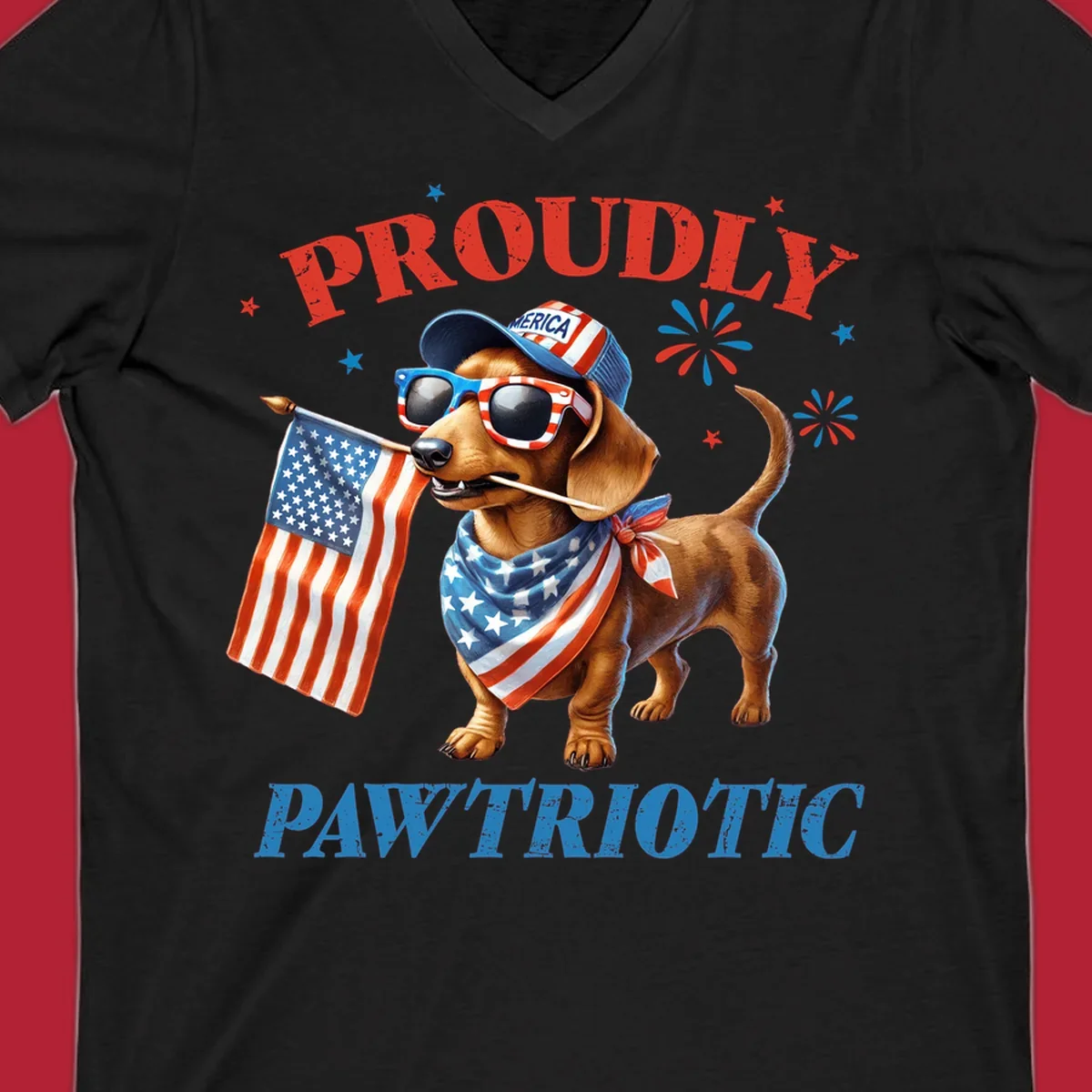 Proudly Pawtriotic Dachshund dog wearing sunglasses and a 'MERICA hat, holding an American flag.