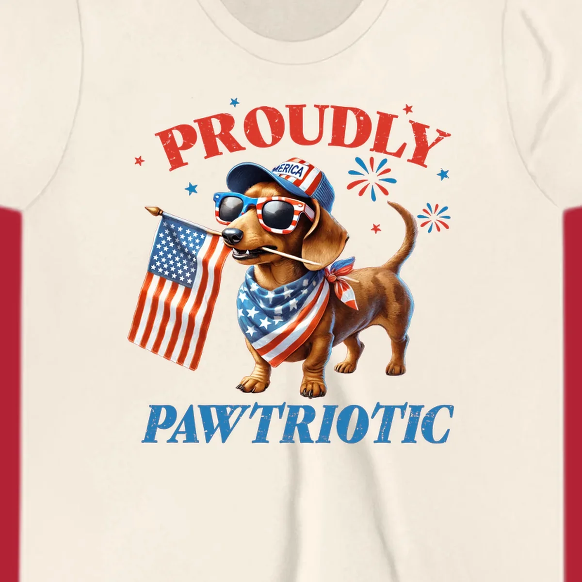 Proudly Pawtriotic Dachshund dog wearing sunglasses and a 'MERICA hat, holding an American flag.