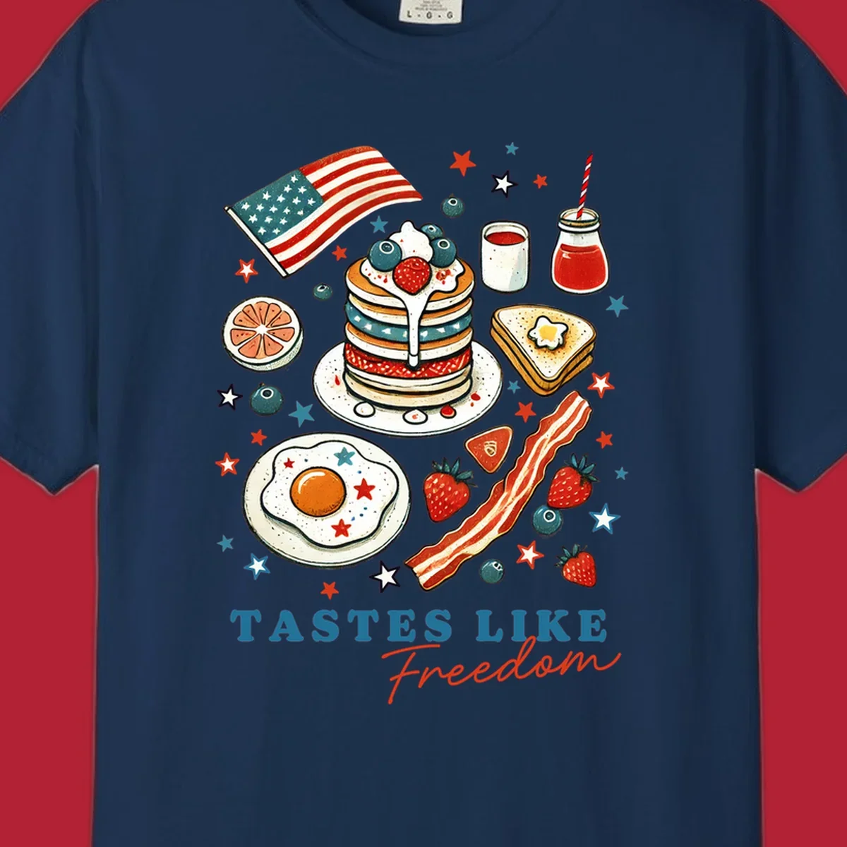 An illustration of a patriotic breakfast with an American flag, pancakes, bacon, eggs, and the text 'Tastes Like Freedom'.