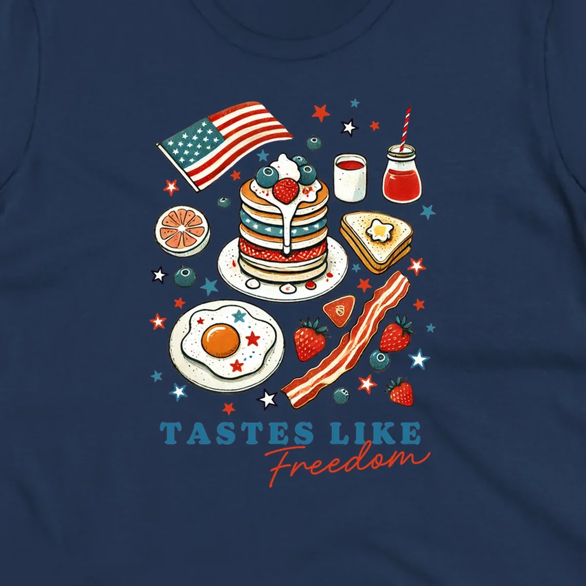 An illustration of a patriotic breakfast with an American flag, pancakes, bacon, eggs, and the text 'Tastes Like Freedom'.
