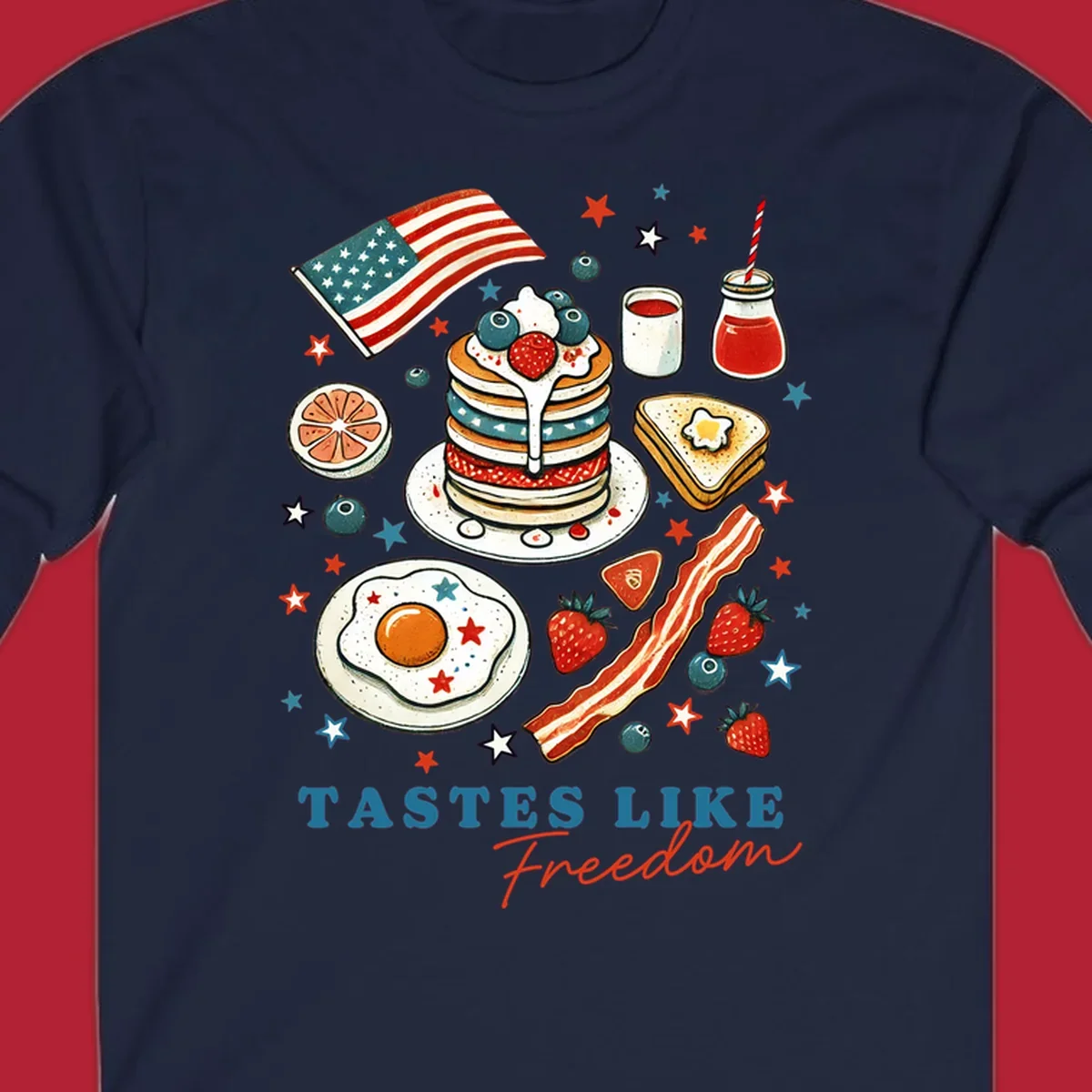 An illustration of a patriotic breakfast with an American flag, pancakes, bacon, eggs, and the text 'Tastes Like Freedom'.
