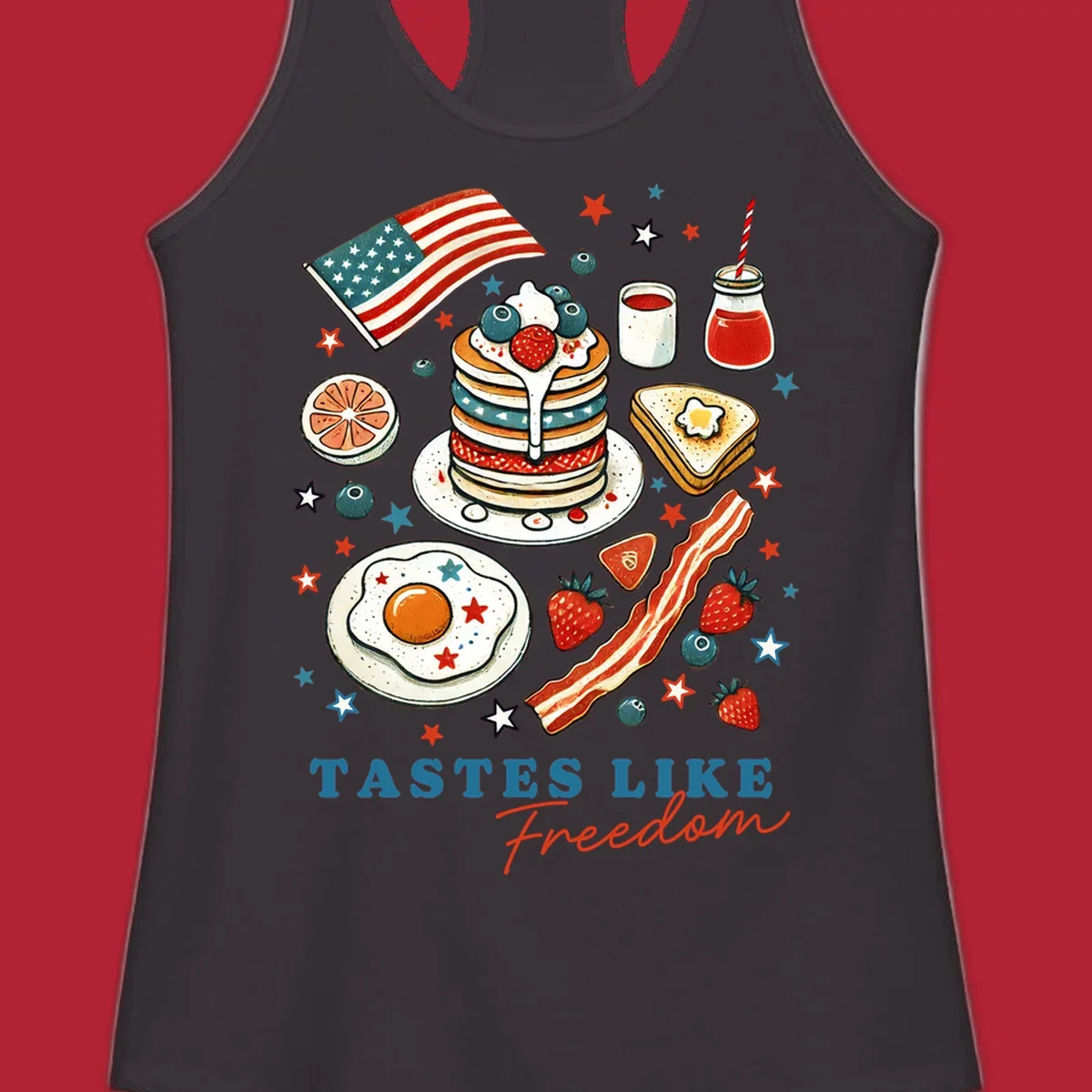 An illustration of a patriotic breakfast with an American flag, pancakes, bacon, eggs, and the text 'Tastes Like Freedom'.