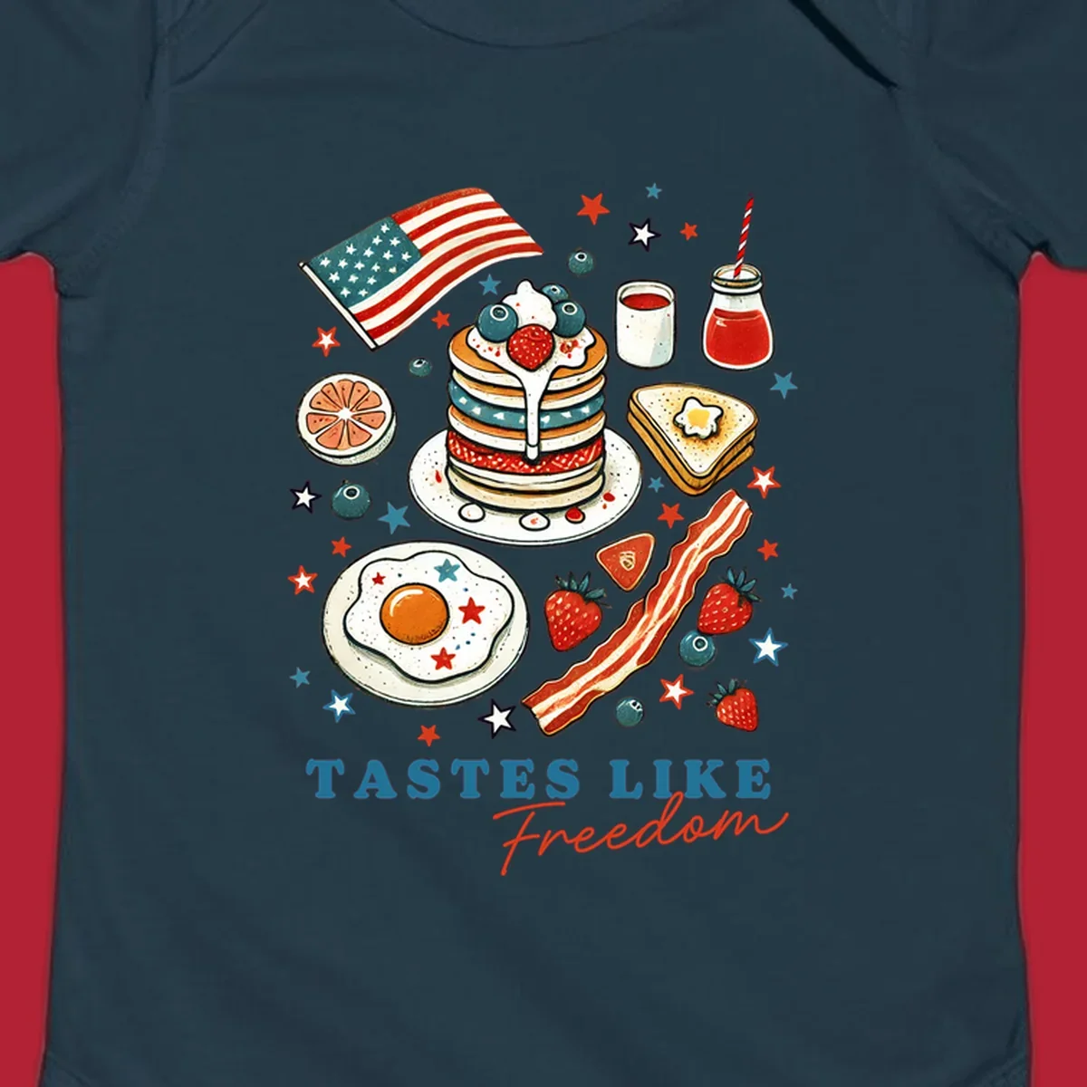 An illustration of a patriotic breakfast with an American flag, pancakes, bacon, eggs, and the text 'Tastes Like Freedom'.