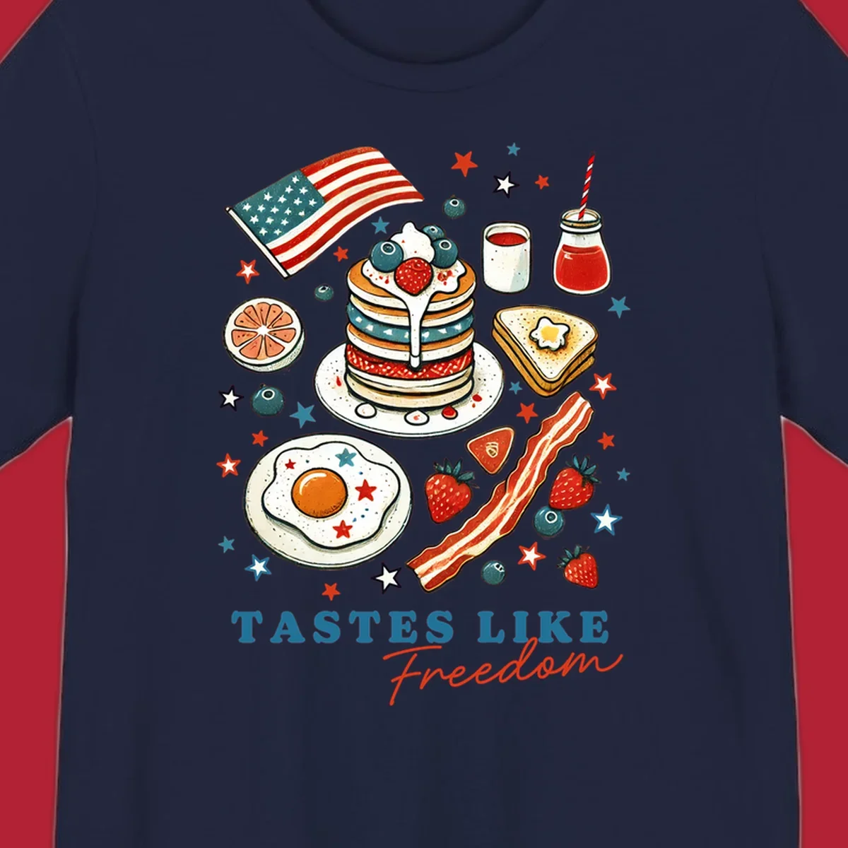 An illustration of a patriotic breakfast with an American flag, pancakes, bacon, eggs, and the text 'Tastes Like Freedom'.