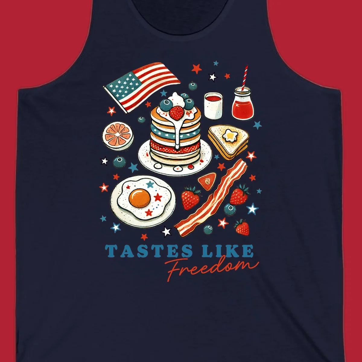 An illustration of a patriotic breakfast with an American flag, pancakes, bacon, eggs, and the text 'Tastes Like Freedom'.