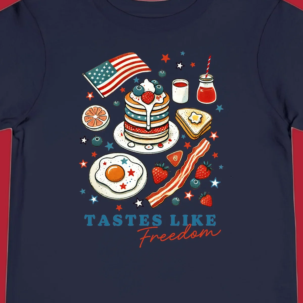 An illustration of a patriotic breakfast with an American flag, pancakes, bacon, eggs, and the text 'Tastes Like Freedom'.