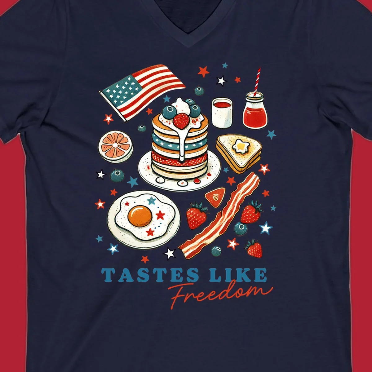 An illustration of a patriotic breakfast with an American flag, pancakes, bacon, eggs, and the text 'Tastes Like Freedom'.