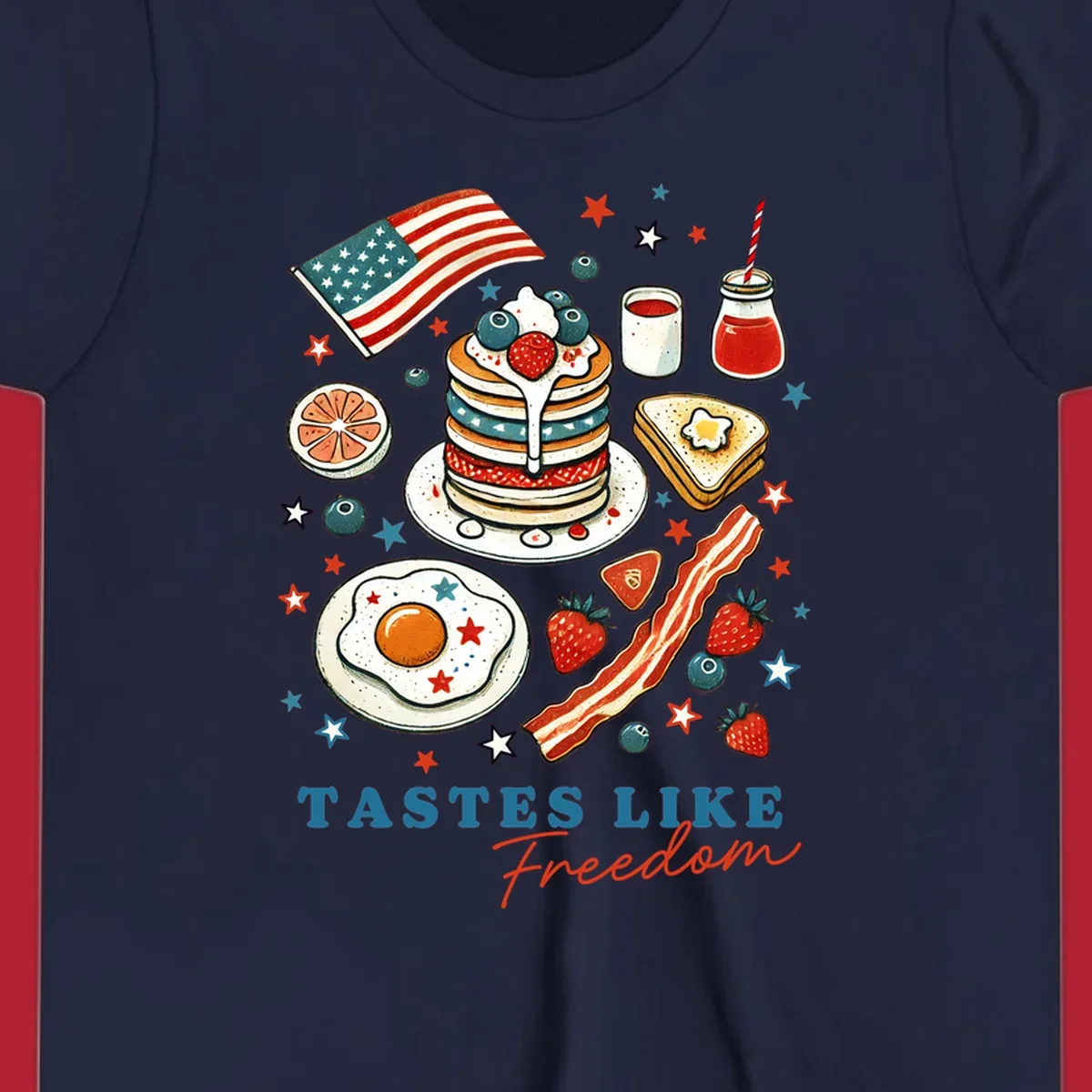 An illustration of a patriotic breakfast with an American flag, pancakes, bacon, eggs, and the text 'Tastes Like Freedom'.