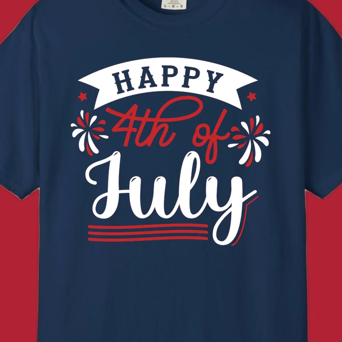 A festive "Happy 4th of July" design with a banner, stars, and fireworks, celebrating independence day.